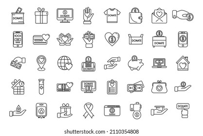 Charitable giving icons set outline vector. Donate food. Nonprofit sponsor