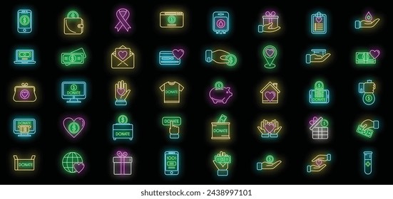 Iconos de donaciones benéficas establecen el vector de contorno. Dona comida. Color de neón aislado patrocinador sin fines de lucro
