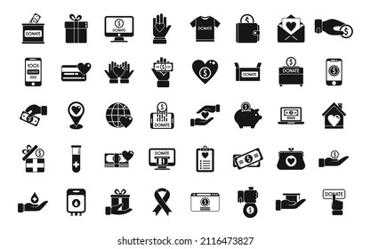 Charitable giving icons set simple vector. Donate food. Nonprofit sponsor