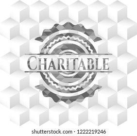Charitable grey badge with geometric cube white background
