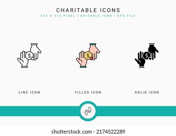 Charitable icons set vector illustration with solid icon line style. Charity help care concept. Editable stroke icon on isolated background for web design, user interface, and mobile app