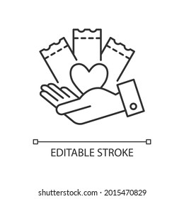 Charitable lottery game linear icon. Fundraising opportunities. Conduct charity gaming activities. Thin line customizable illustration. Contour symbol. Vector isolated outline drawing. Editable stroke