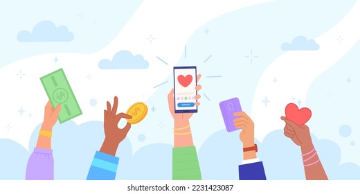 Charitable mobile donation. Online phone app charity, food and money internet donations hands with smartphone giving gift share contribution digital help vector illustration of donation and charitable