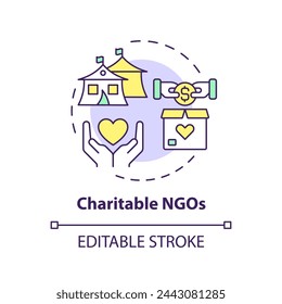Charitable NGOs multi color concept icon. Non governmental organization. Humanitarian aid. Volunteer work. Round shape line illustration. Abstract idea. Graphic design. Easy to use in article