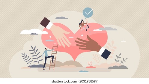 Charitable organization and volunteering support agency tiny person concept. Donation, aid and assistance service with social and humanitarian care vector illustration. Share and give community scene.