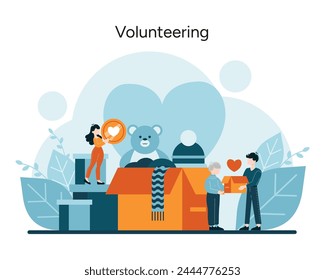 Charitable Spirit concept. Selfless gestures and community aid. Individuals unite for philanthropy and welfare. Donating toys and time for a cause. Vector illustration