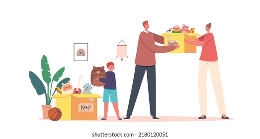 Charitable Toys Donation For Kids Concept. Volunteer Giving Box With Lots Of Beautiful Toys to Child, Solidarity And Charity, Humanitarian Aid to Orphans and Volunteering. Cartoon Vector Illustration