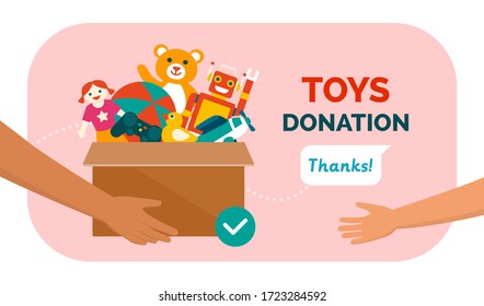 Charitable Toys Donation For Kids: Volunteer Giving A Donation Box With Lots Of Beautiful Toys, Solidarity And Charity Concept