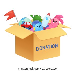 Charitable toys donation for kids: volunteer giving a donation box with lots of beautiful toys, solidarity and charity concept
