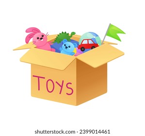 Charitable toys donation for kids: volunteer giving a donation box with lots of beautiful toys, solidarity and charity concept
