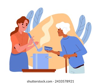 Trabajador caritativo con comida. Mujer con cacerola cerca de pensionista. Caridad, bondad y generosidad. Pobre persona con ayudante. Ilustración plana del vector de la historieta aislada sobre fondo blanco