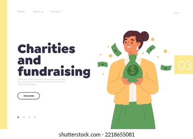 Charities and fundraising concept of landing page with happy woman holding money bag happy smiling. Female carry savings in green sack. Cartoon flat vector illustration