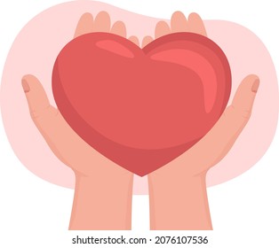Charity 2D vector isolated illustration. Symbol for volunteering. Humanitarian aid. Peace and love. Hear on flat first view hands on cartoon background. Charitable contibution colourful scene