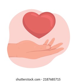 Charity 2D vector isolated illustration. Holding heart flat hand gesture on cartoon background. Volunteering and donating colourful editable scene for mobile, website, presentation