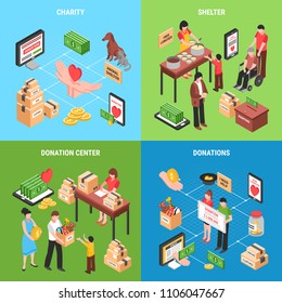 Charity 2x2  design concept with set of isometric icons on theme of donating money clothing food and toys for children vector illustration