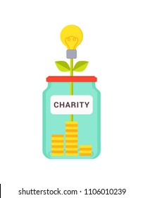 Charity abstract box colorful vector illustration, yellow bulb on flower stem and golden coins bottom of glass bottle, money for support purposes