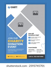 Charity activities and donation event A4 size flyer design template or fundraising poster, handbill and leaflet design, donation collection for charity poster design