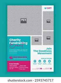 Charity activities and donation event A4 size flyer design template or fundraising poster, handbill and leaflet design, donation collection for charity poster design