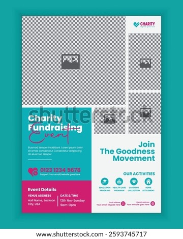 Charity activities and donation event A4 size flyer design template or fundraising poster, handbill and leaflet design, donation collection for charity poster design