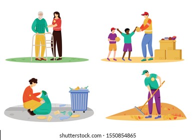 Charity activities flat vector illustrations set. Selfless volunteers, young activists isolated cartoon characters. Elderly people nursing, orphanage donation, garbage cleaning and community works