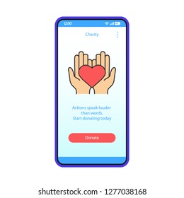 Charity App Smartphone Interface Vector Template. Make Donation Online. Mobile Fundraising Application Page Blue Design Layout. Volunteering, Sponsorship. Flat UI. Phone Display With Hands Hold Heart