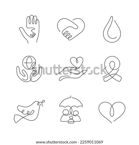 Charity artistic style continuous line icons. Editable stroke.