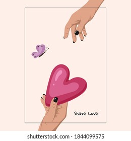 Charity, assistance, donation, helping, volunteering concept. Hand holding heart. Symbol of peace, help, support, appreciation, gratitude. Vector illustration in flat style. Give and share love