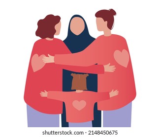 Charity or assistance to migrants and refugees concept. People with a heart on their back hug. Flat vector stock illustration. Children volunteering or participating in philanthrop