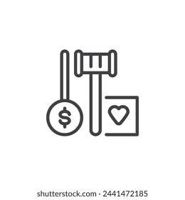 Charity Auction line icon. linear style sign for mobile concept and web design. Auction gavel and bidding paddle outline vector icon. Symbol, logo illustration. Vector graphics