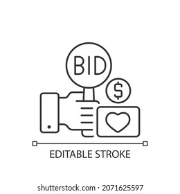 Charity Auction Linear Icon. Fundraising Event. Bidding For Experimental Assets. Bargaining. Thin Line Customizable Illustration. Contour Symbol. Vector Isolated Outline Drawing. Editable Stroke