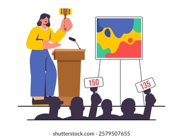 Charity Auction Vector Illustration featuring a Fundraising Event Where Valuable Items are Sold Through Bidding and Donations to Support Generosity