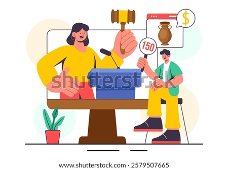 Charity Auction Vector Illustration featuring a Fundraising Event Where Valuable Items are Sold Through Bidding and Donations to Support Generosity