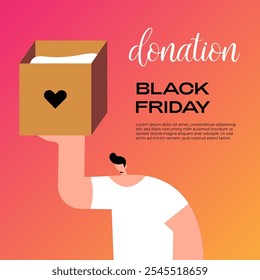 Charity Black Friday. Boy with donation box and text. Banner, postcard and poster design. Flat vector illustration.