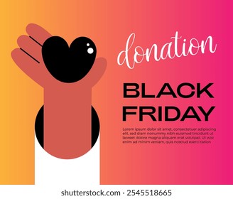 Charity Black Friday. Hand, black heart and text. Banner, postcard and poster design. Flat vector illustration.
