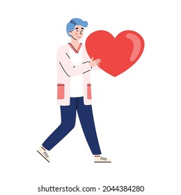 Concepto de caridad y donación de sangre - pequeño hombre llevando un gran corazón, ilustración de vector de dibujos animados aislados en fondo blanco. Asistencia voluntaria en salud.