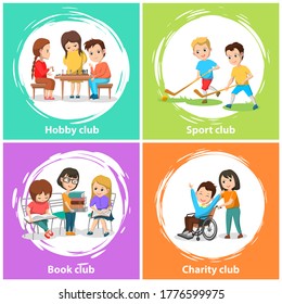 Charity and book club vector, sport and hobby activities, back to school concept. Flat cartoon children playing chess and sports games, field hockey in summer, reading textbooks and literature
