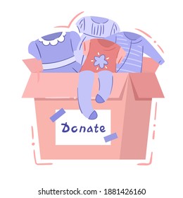 Charity Box With Baby Clothing - Isolated Vector Illustration In Hand Drawn Style. Card Box With Signature Donation, Single On White Background. Support Of Needy Family, Single Parents, Poor Kids