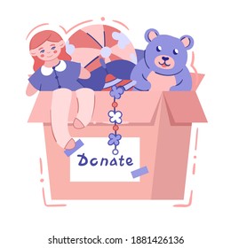 Charity Box With Baby Toys - Isolated Vector Illustration In Hand Drawn Style. Card Box With Signature Donation, Single On White Background. Support Of Needy Family, Single Parents, Poor Kids