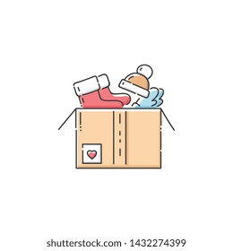 The charity box full of cloth and food sketch vector illustration isolated on white background. The concept of kindness and volunteer support of the needy people.