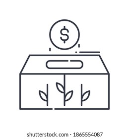 Icono de caja de caridad, ilustración lineal aislada, vector de línea delgada, signo de diseño web, símbolo de concepto de contorno con trazo editable sobre fondo blanco.