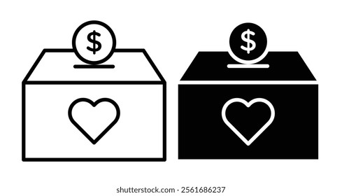 Charity box Icons set in solid and thin line style