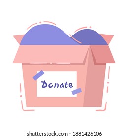 Charity box - isolated vector illustration in hand drawn style. Pink card box with signature Donation and bales inside. Positive symbol of volunteer, welfare and goodwill