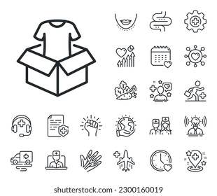 Charity box sign. Online doctor, patient and medicine outline icons. Clothing donation line icon. Shirt symbol. Clothing line sign. Veins, nerves and cosmetic procedure icon. Intestine. Vector