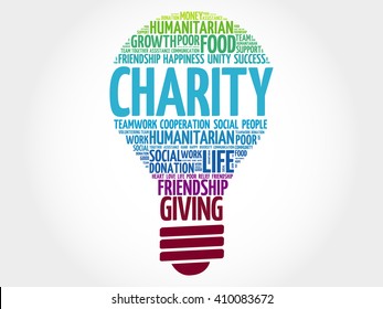 Charity bulb word cloud collage concept