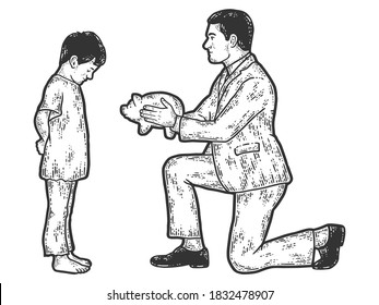 Charity. Businessman Gives A Piggy Bank, Finances To A Poor Child. Sketch Scratch Board Imitation. Black And White. Engraving Vector Illustration.