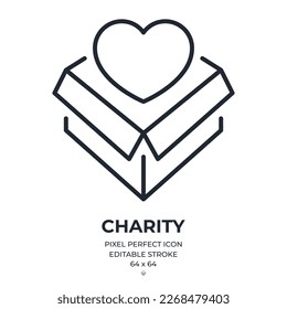 Charity, care and donation concept editable stroke outline icon isolated on white background flat vector illustration. Pixel perfect. 64 x 64.