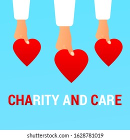 Charity and Care flat concept with selected red Chance inscription and hands holding hearts. Vector illustration