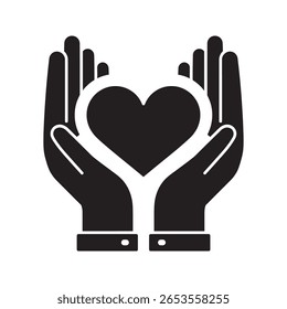 Ícone de caridade com as mãos segurando um coração que representa a proteção de apoio da doação e dando amor através da bondade e comunidade voluntariando vetor ícone de glifo sólido