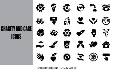 Charity and care icons. Friendship and love black icons.