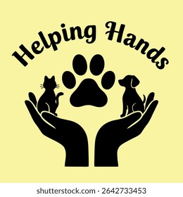 Charity Care Pet Shelter Hands Holding Cat and Dog Paw Vector Illustration